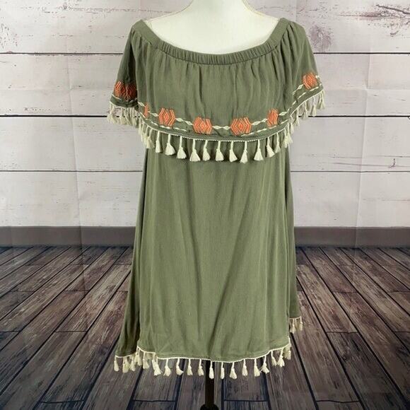 miami Dresses & Skirts - Miami Dress Womens Large Green Embroidered Olive Tassel Southwestern Tropical
